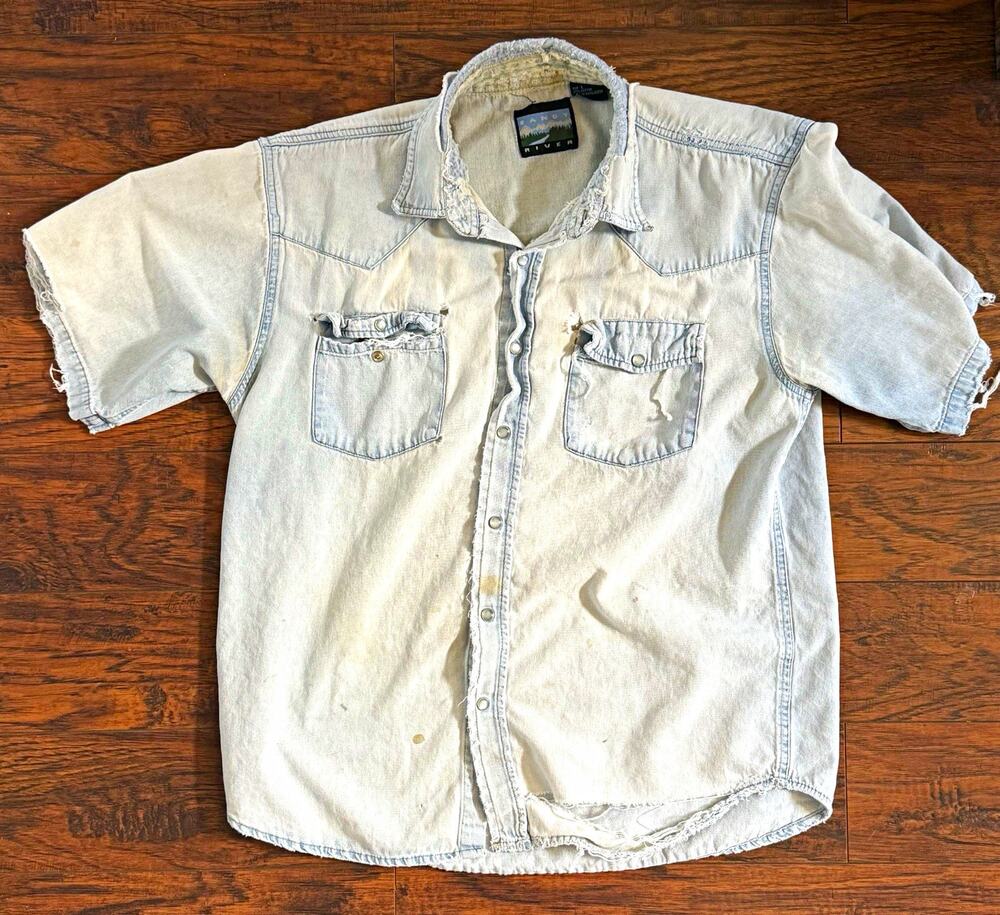 Vintage 90s Sandy River Denim Pearl Snap Western Shirt Distressed Thrashed Large